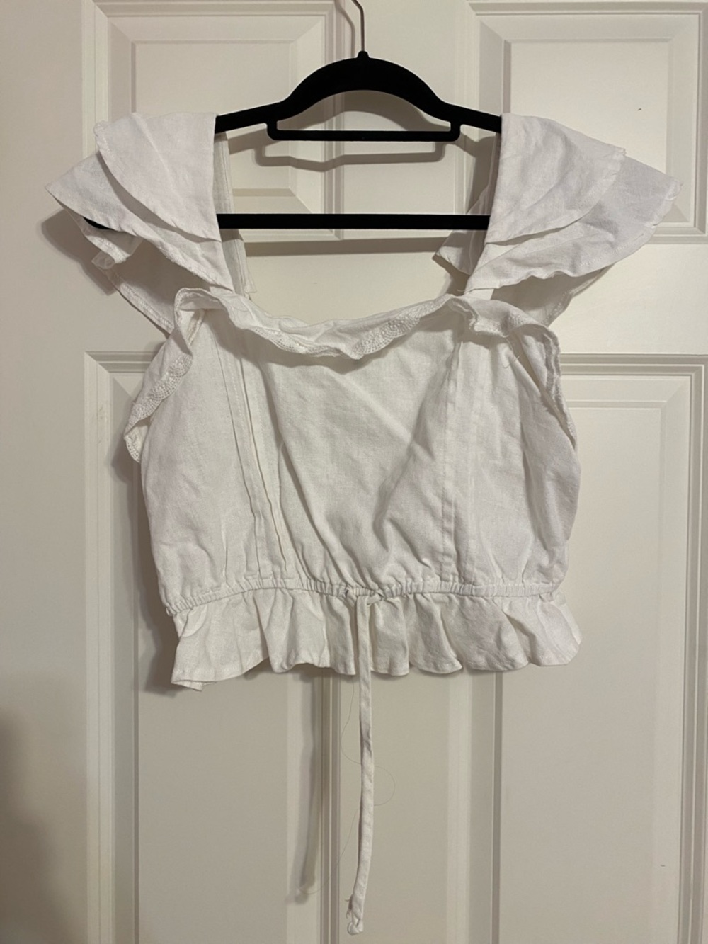 BP. white linen ruffle tie cropped blouse, size large